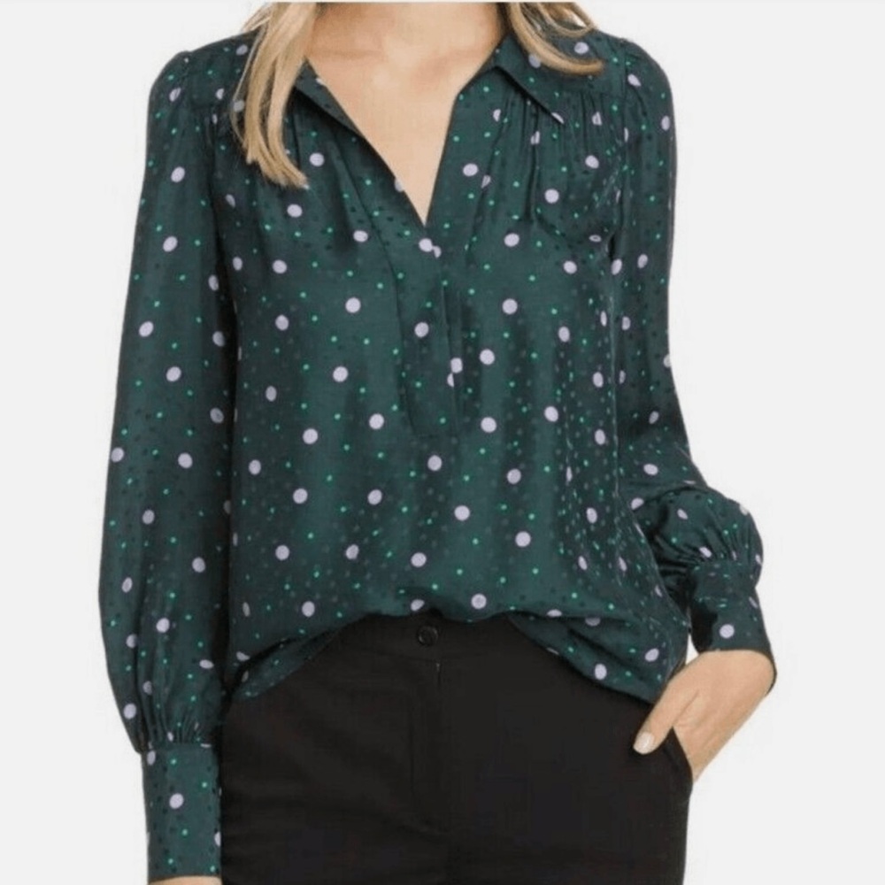 Kate Spade Pine Forest Green Pop Dots  Silk Blend Blouse Size XS